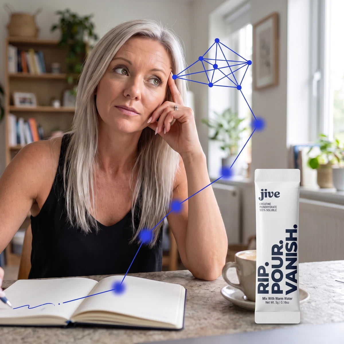 Woman pausing at her desk during a word-recall moment with Jive creatine nearby
