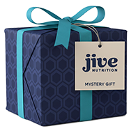 A blue gift box with a bow and 'jive nutrition' tag.