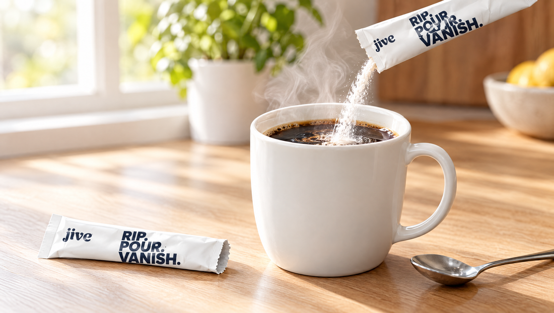 Jive creatine stick pack pouring into a mug of hot coffee
