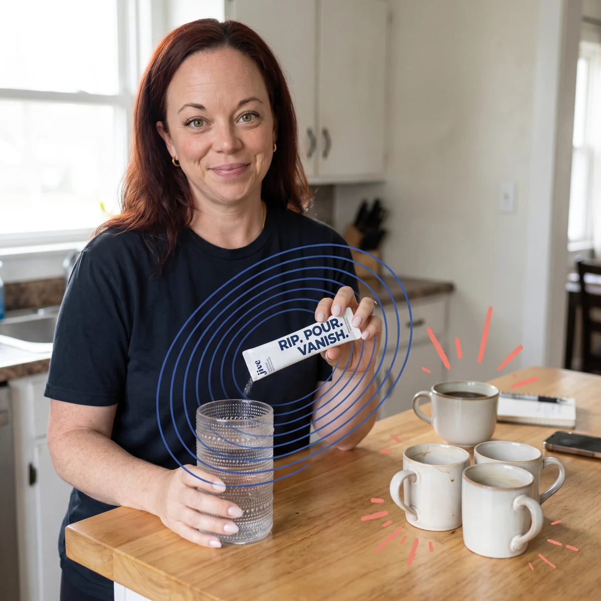 Woman pouring a Jive creatine stick into water beside several cups of coffee