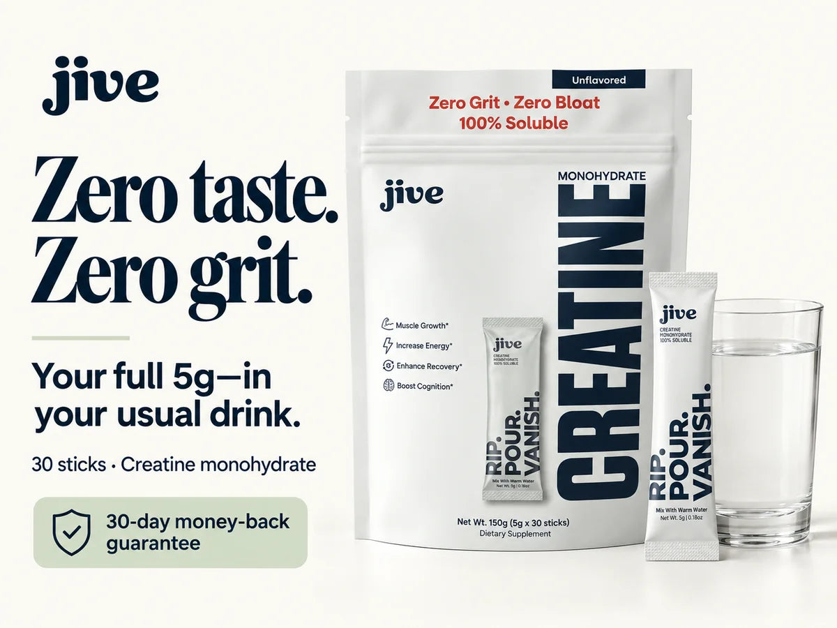 Zero taste. Zero grit. Your full 5g in your usual drink. 30 sticks of creatine monohydrate. 30-day money-back guarantee.