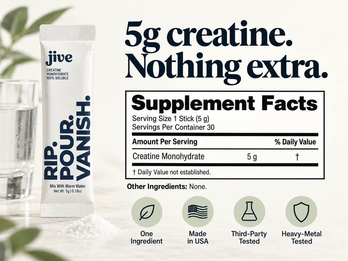 5g creatine. Nothing extra. Supplement Facts: serving size one stick, 5g. Thirty servings per container. Creatine monohydrate, 5g per serving. Daily Value not established. Other ingredients: none. One ingredient. Made in USA. Third-party tested. Heavy-metal tested.