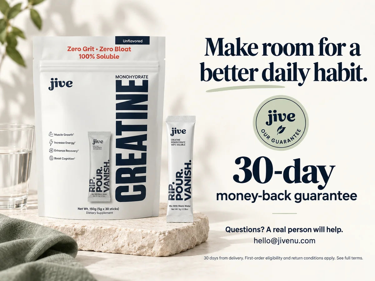 Make room for a better daily habit. 30-day money-back guarantee. Questions? A real person will help. hello@jivenu.com. Thirty days from delivery. First-order eligibility and return conditions apply. See full terms.
