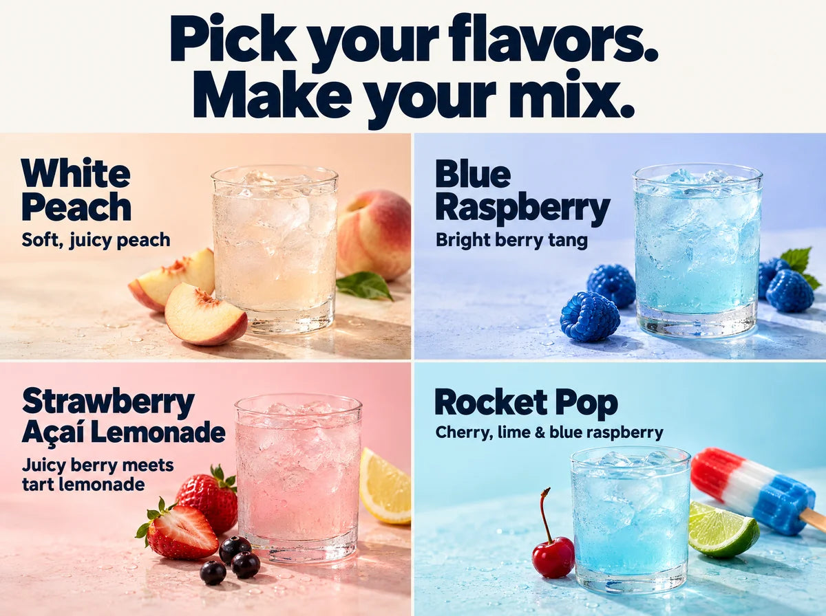 Pick your flavors. Make your mix. White Peach: soft, juicy peach. Blue Raspberry: bright berry tang. Strawberry Açaí Lemonade: juicy berry meets tart lemonade. Rocket Pop: cherry, lime and blue raspberry.