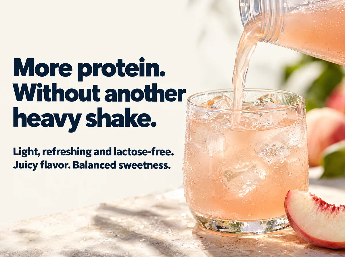 More protein. Without another heavy shake. Light, refreshing and lactose-free. Juicy flavor. Balanced sweetness. Peach-colored Protein Hydrator poured over ice.