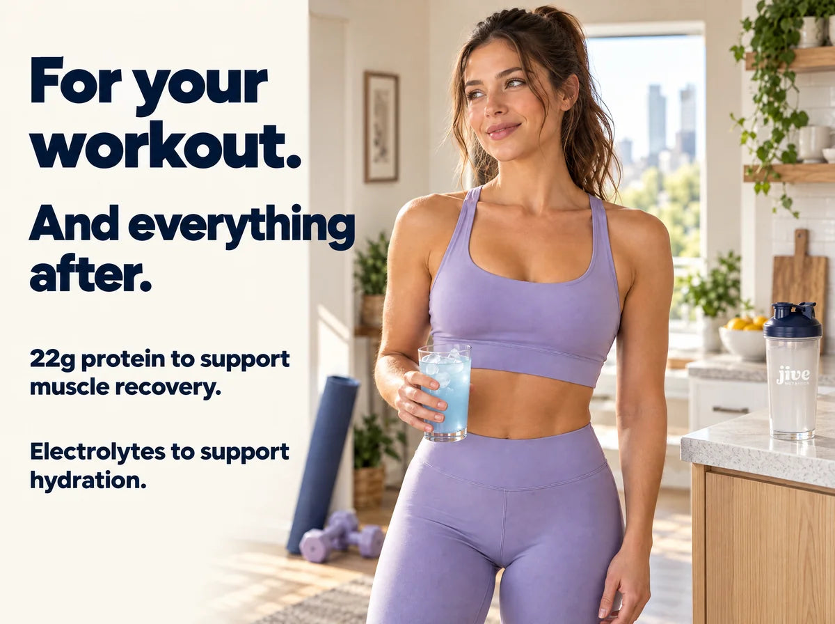 For your workout. And everything after. 22g protein to support muscle recovery. Electrolytes to support hydration. A woman holding a blue Protein Hydrator drink after a workout.